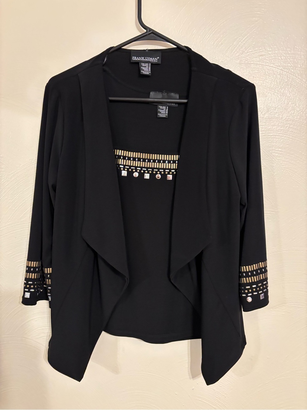 Frank Lyman Design Black Open-Front Draped Blazer with Gold Accent Trim